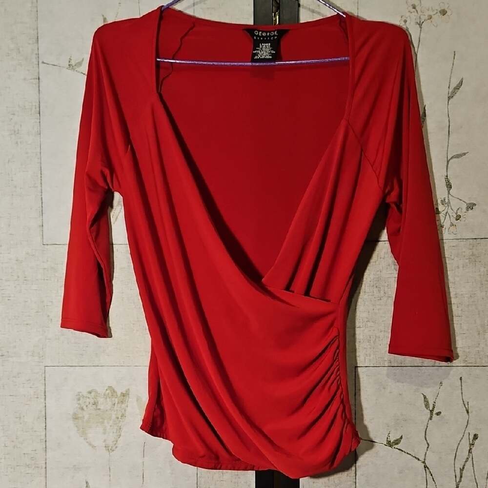 George Red 3/4 Sleeve Blouse with Wrap and Ruched Design